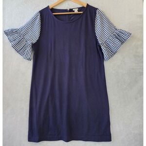 J.Crew Dress Womens Size Large Navy Blue Seersucker Gingham Ruffle Bell Sleeve